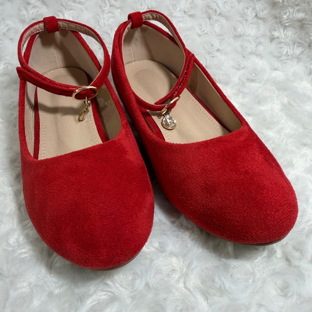 Girls Red Faux Suede Mary Jane Dress Shoes Crystal Charm Size EU 32/US 1.5–2,